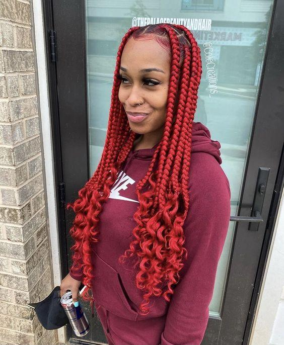 Red Knotless Braids With Curls