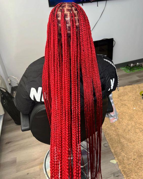  All Red Knotless Braids